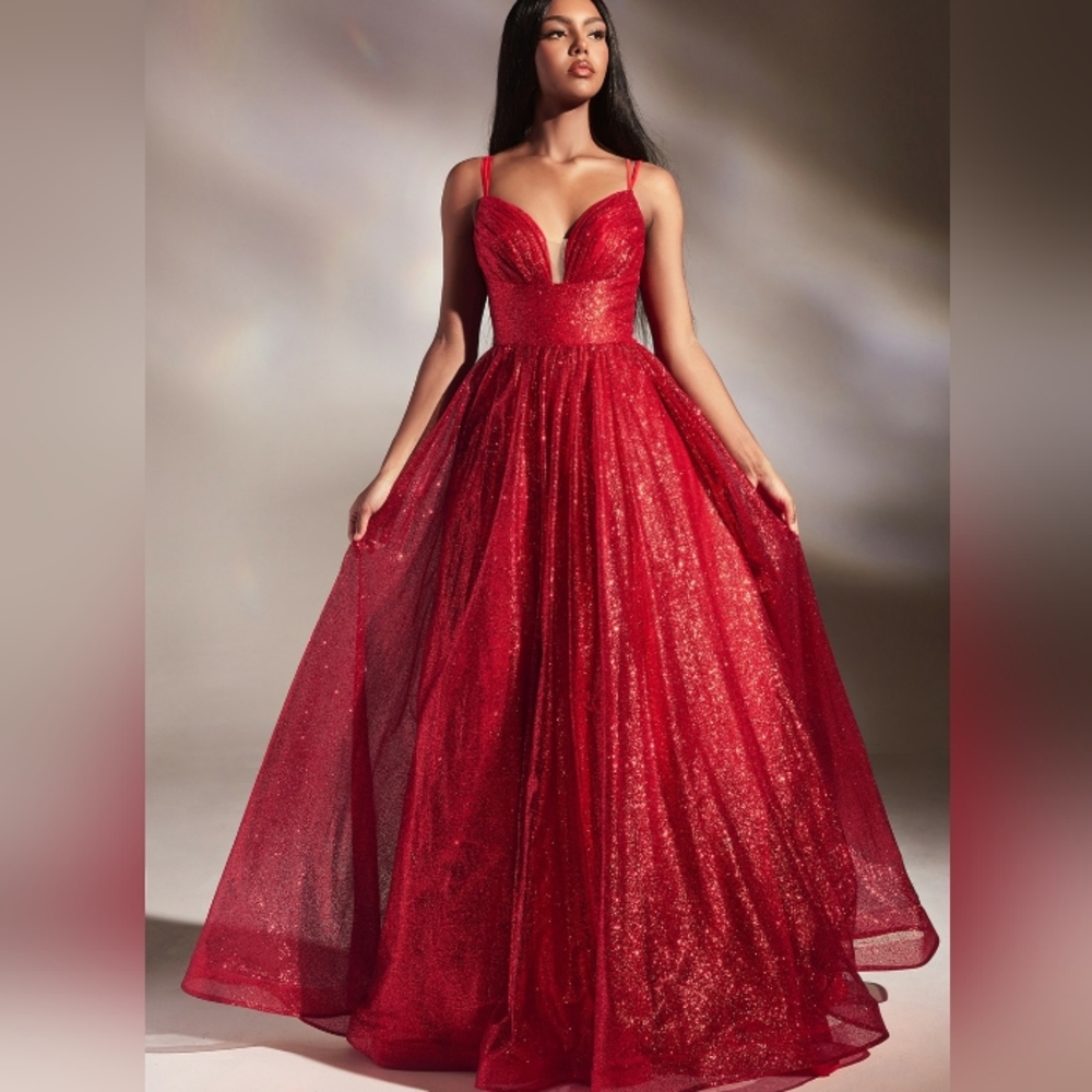 Prom dress, red open back layered ball gown